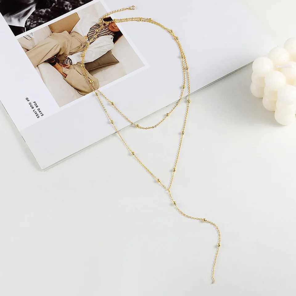Dainty Long Necklace 14k Gold Plated Y-Shaped Pendant Necklace Trendy Layered Cz Beaded Necklaces Stainless Steel Jewelry G251217