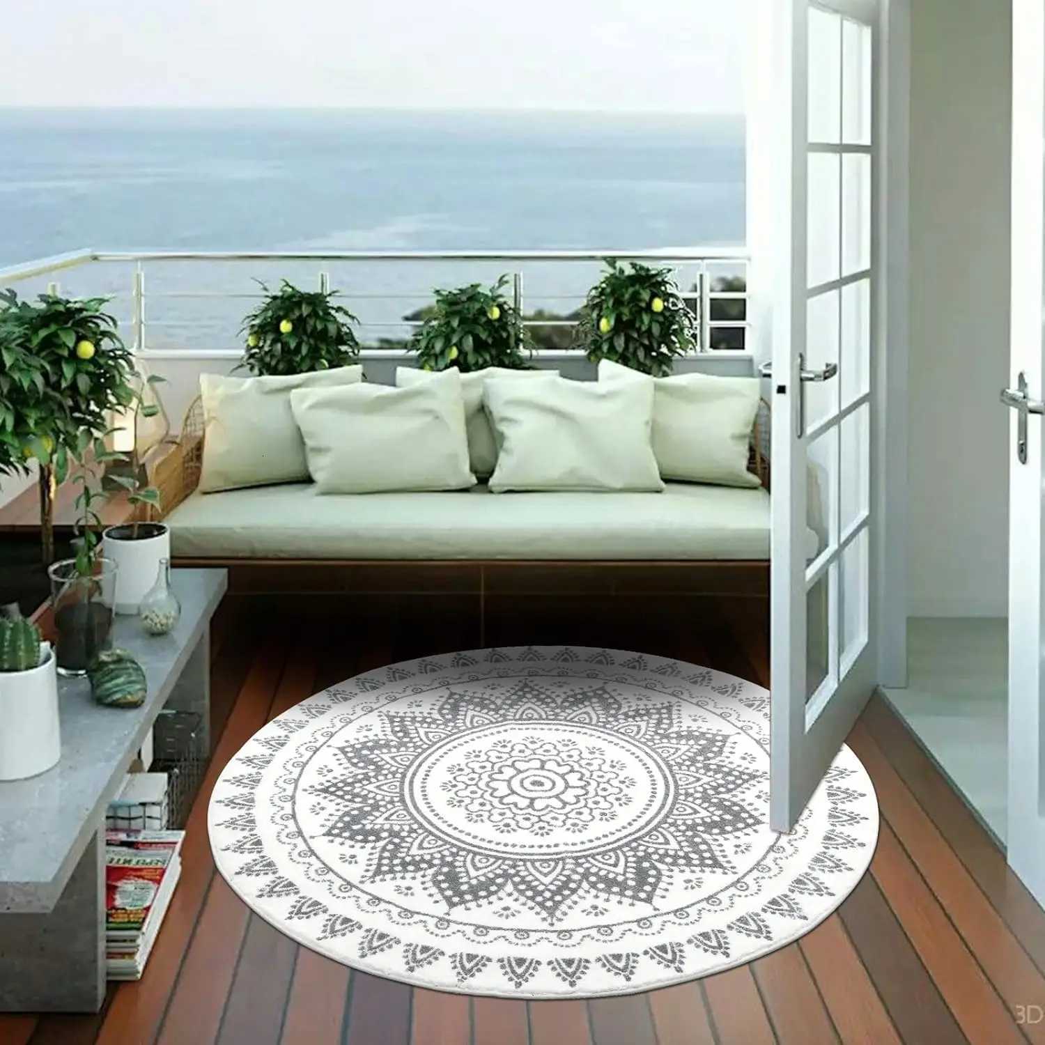 Grey Bohen Mandala Flower Round Carpets Washable Non Slip Indoor Floormat Living Ro Sofa Bedro Chair Mats He Decor Rugs Y251216