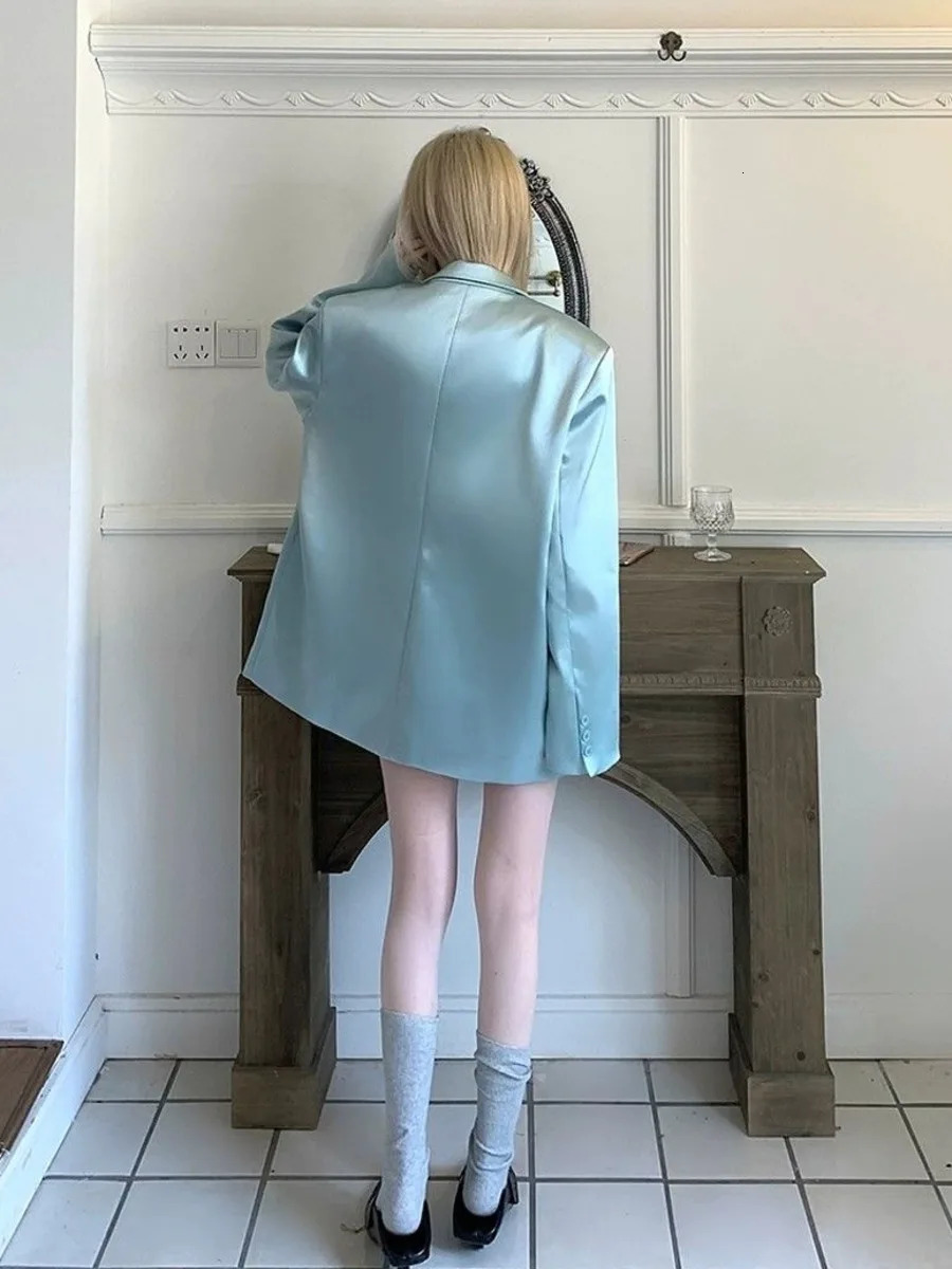 Pearl Green Faux Silk Blazers Jacket Acetic Acid Satin Coat Jacket Womens Spring Autumn Casual Premium Long Sleeve Suit 251212