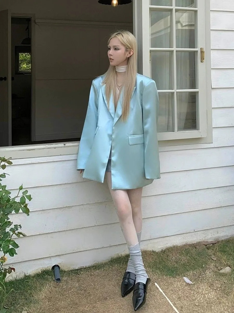 Pearl Green Faux Silk Blazers Jacket Acetic Acid Satin Coat Jacket Womens Spring Autumn Casual Premium Long Sleeve Suit 251212