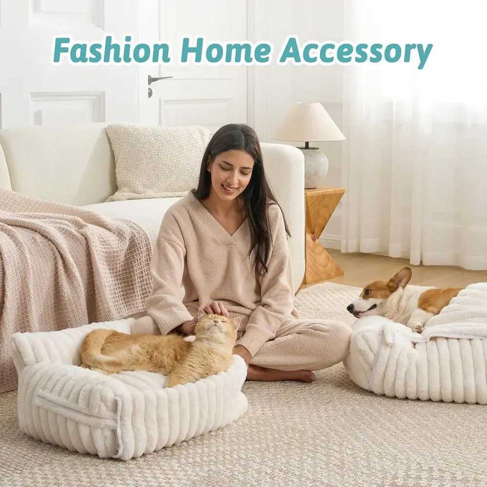 Soft Plush Faux Fur Cat and Small Dog Bed with Removable Cover Multifunctional Couch in Cream Size S 255x175 M251217