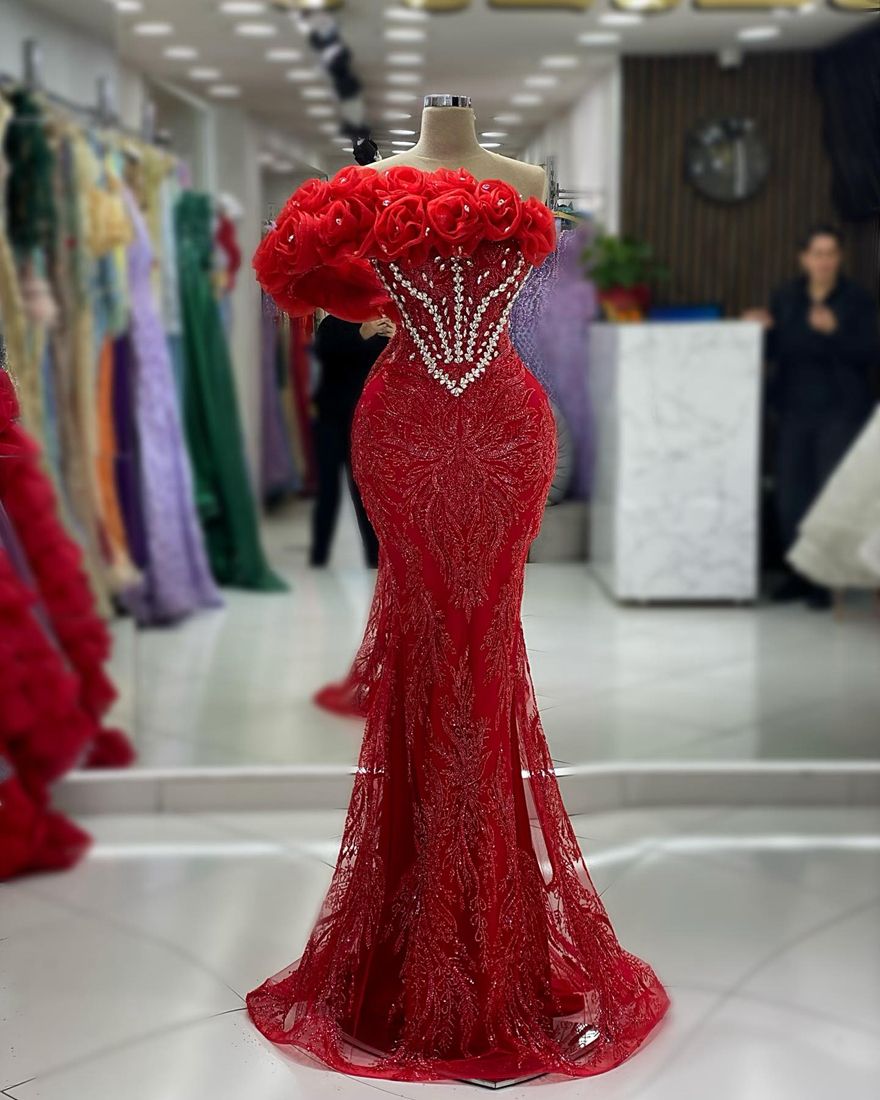 D17 Red Prom Dresses for Black Women Sheer Neck Illusion Beaded Lace with Rhinestones - Birthday Party, Second Reception, Engagement Gown