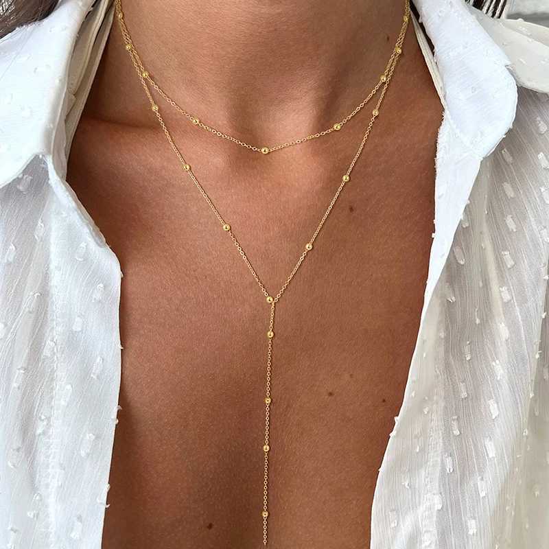 Dainty Long Necklace 14k Gold Plated Y-Shaped Pendant Necklace Trendy Layered Cz Beaded Necklaces Stainless Steel Jewelry G251217