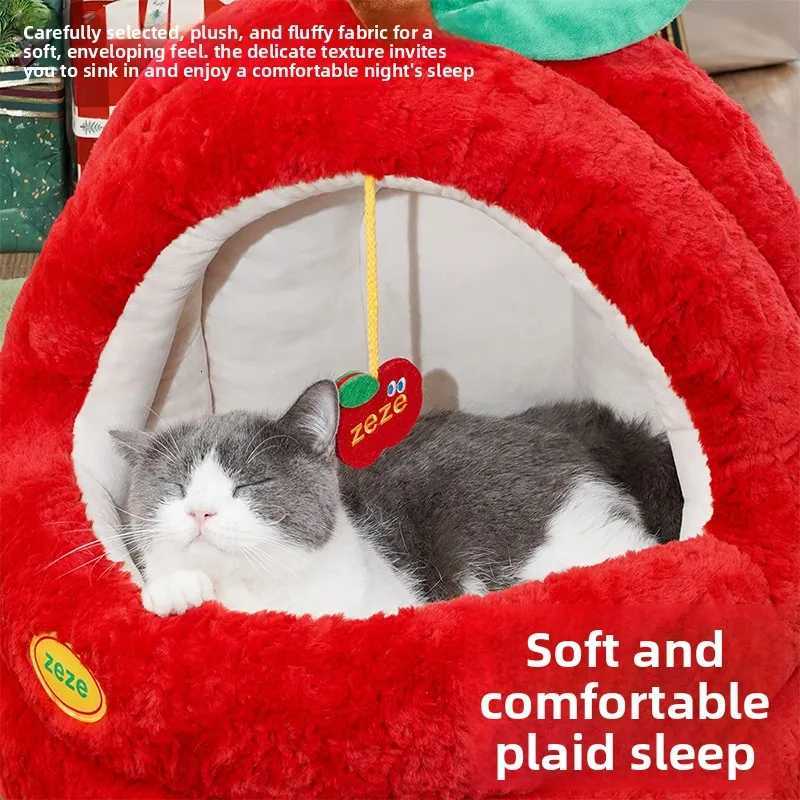 Winter Warm Kitty Tent with Semi-Enclosed Christmas Apple Cat Bed Plush Yurt Style Pet House Separable Cat Shelter for Indoor M251217