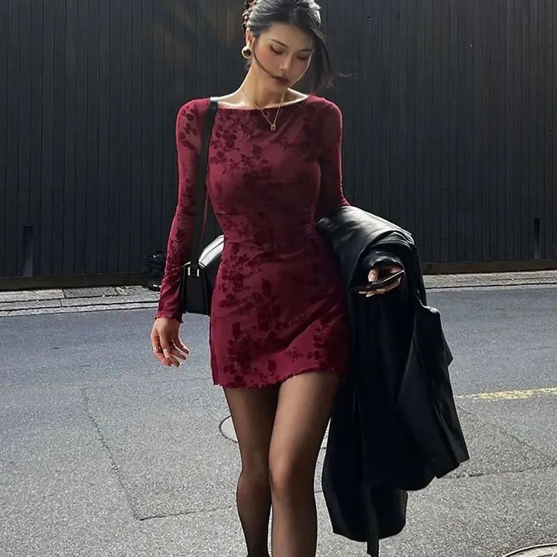 Sexy Wine Red Dresses Women Autumn ONeck Streetwear Fashion Print Long Sleeves Lady Knitted Pullover Clothing Dress 251219