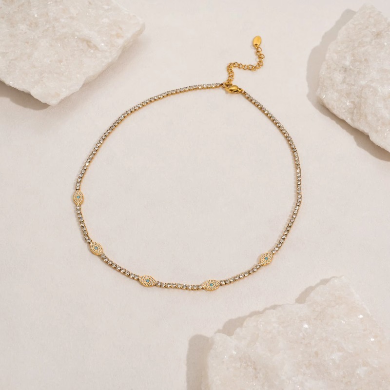 Jewellery High Quality 18K Gold Plated Lucky Eye Tennis Necklace Bracelet Collection Stainless Steel Unisex Jewelry Gift for All Occasions Textured Ed