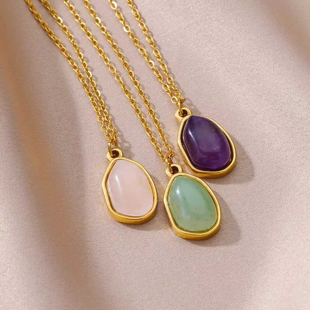 Trendy Oval Colorful Stone Necklace For Women Stainless Steel Gold Color Green Opal Stone Pendant Necklace Aesthetic Jewelry Gif G251217
