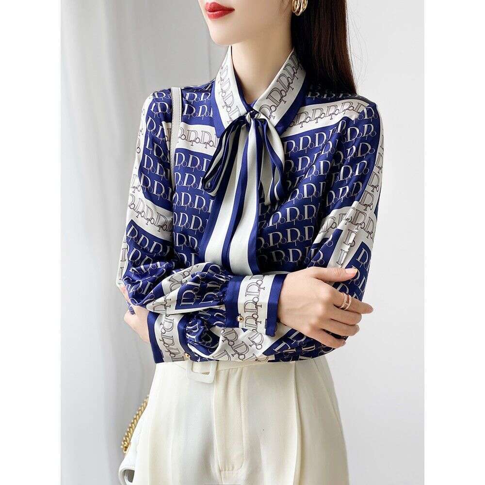 Spring Autumn Bowknot Women's Shirts Luxury Letter Allover Printed Long Sleeve Single Breasted Loose Fit Casual Ladies Blouses