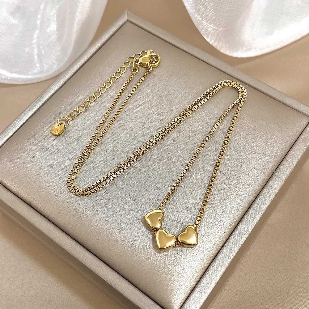 Cute Triple Color Heart Beads Necklace for Women Girls Fashion Gold Plated Stainless Steel Charm Necklaces Waterproof Jewelry G251217
