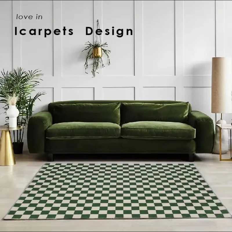 VIKAMA Carpet Checkered Living Ro and Bedro Carpet Green and White Checkered Modern Ins Moroccan Floor Mat He Decoration Y251216