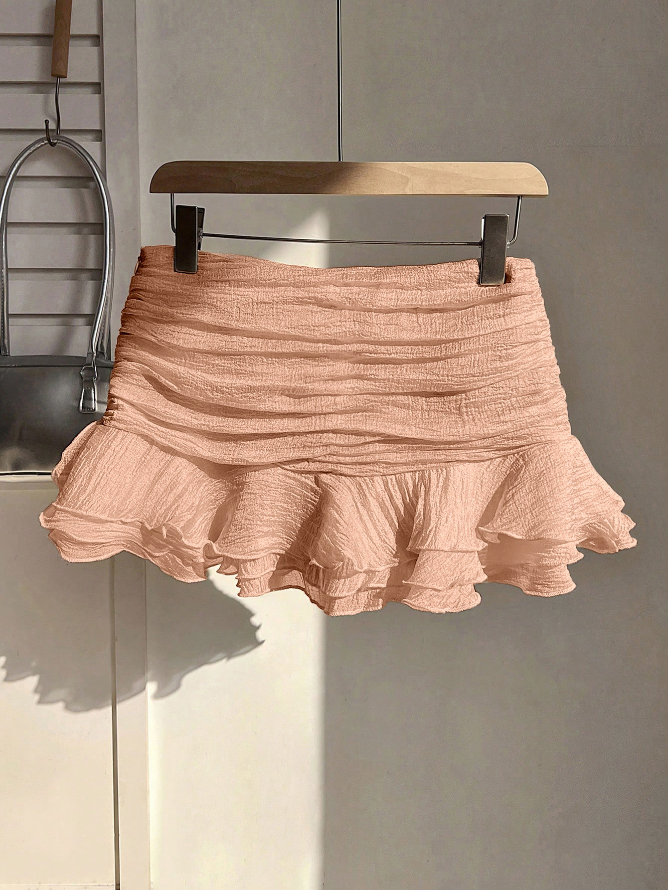 Pink Ruched Ruffle Mini Skirt for Women - High Waist Bodycon Short Skirt Casual Summer Streetwear--115