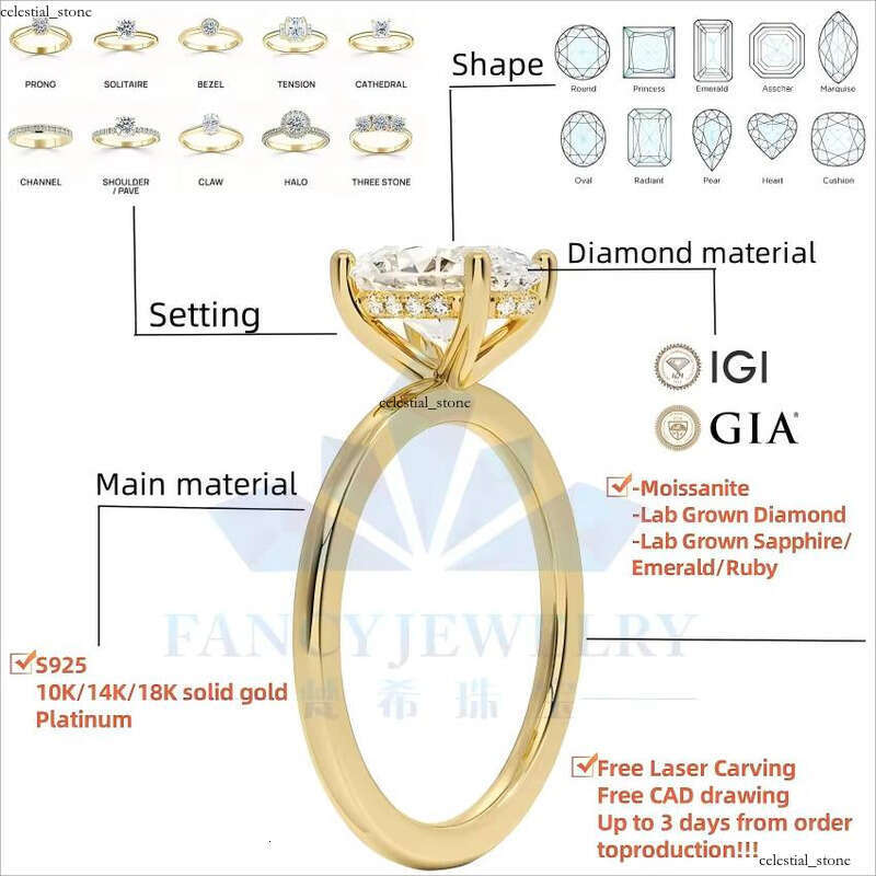 Factory Custom 10K 14K 18K Women's Pure Gold Engagement Wedding Ring VVS IGI Certified Lab-Grown VVS Moissanite