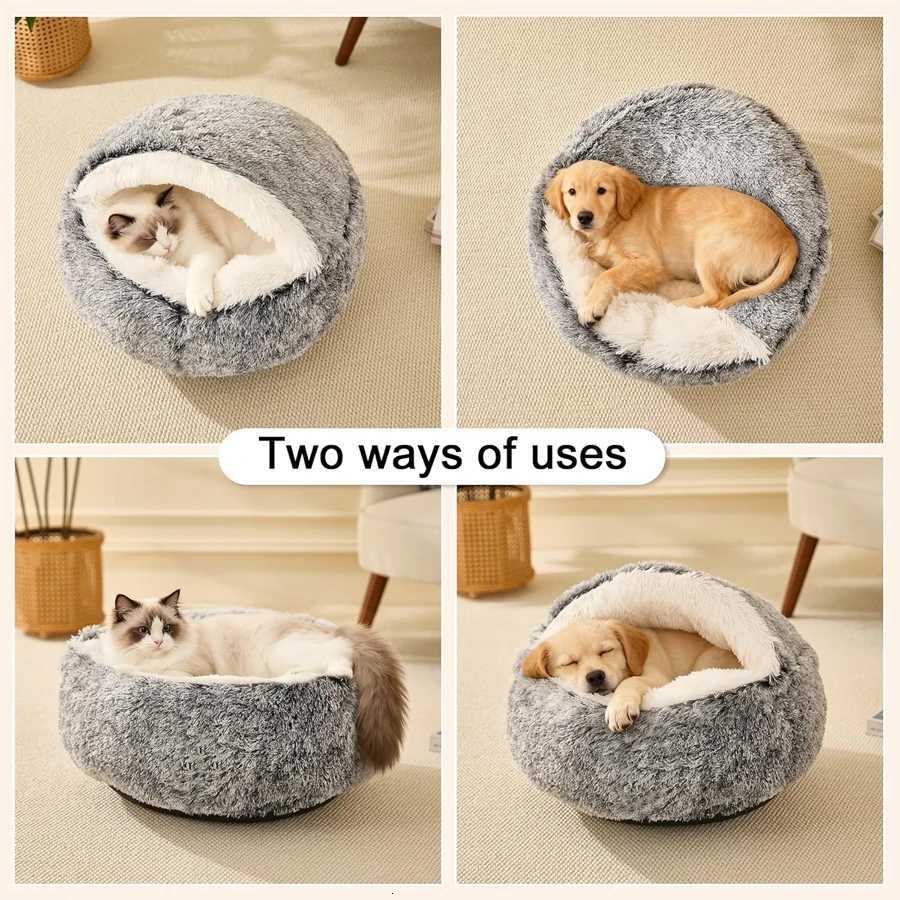 Cat Bed Round Plush Fluffy Hooded Cat Bed Cave Cozy for Indoor Cats or Small Dog beds Soothing Pet Beds Doughnut M251217