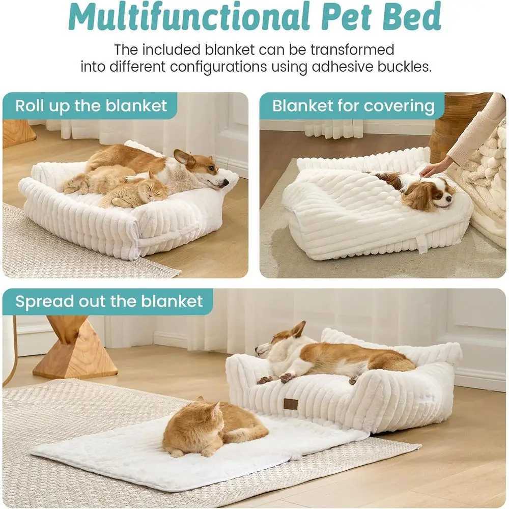 Soft Plush Faux Fur Cat and Small Dog Bed with Removable Cover Multifunctional Couch in Cream Size S 255x175 M251217