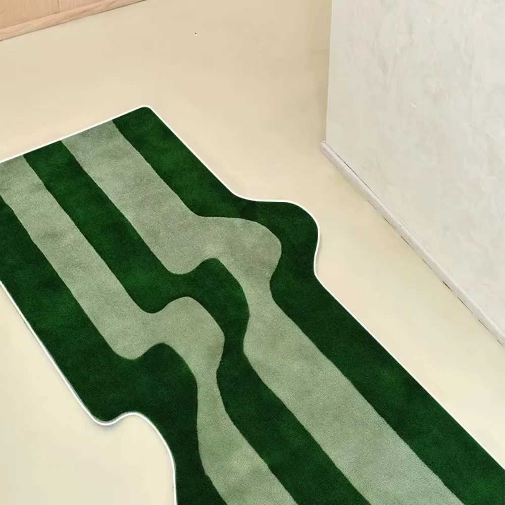 VIKAMA Dark Green Striped Wave Rug Bedside Anti Slip Mat For Bedro Nordic Style Living Ro Bedro Floor Mat He Decor Y251216