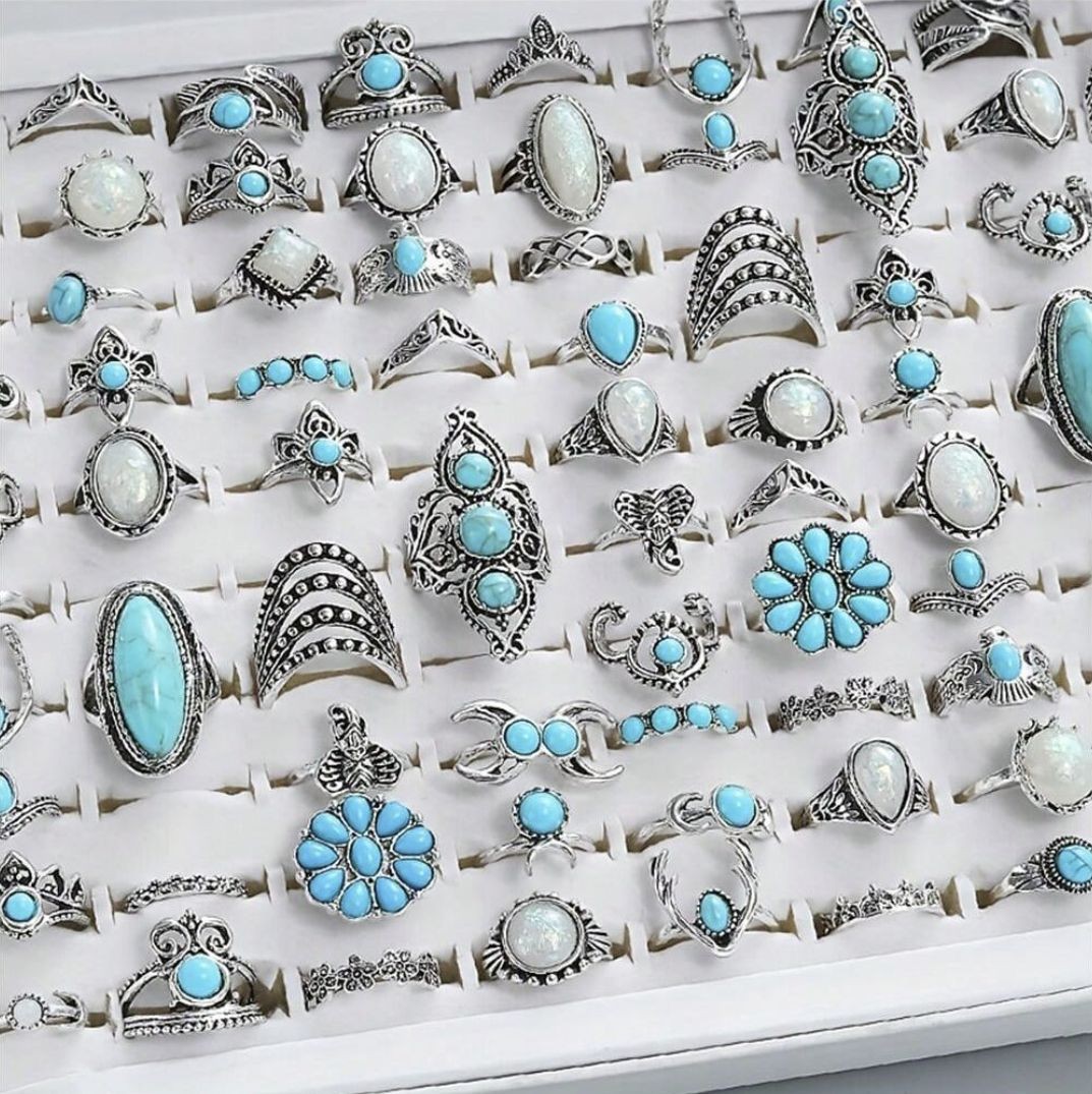 30pcs/Lot Factory Wholesale Ethnic Style Turquoise Stone Finger Rings For Women Tai Silver Plated Flower Cutout Snake Spider Animal Leaf Love Snake Je