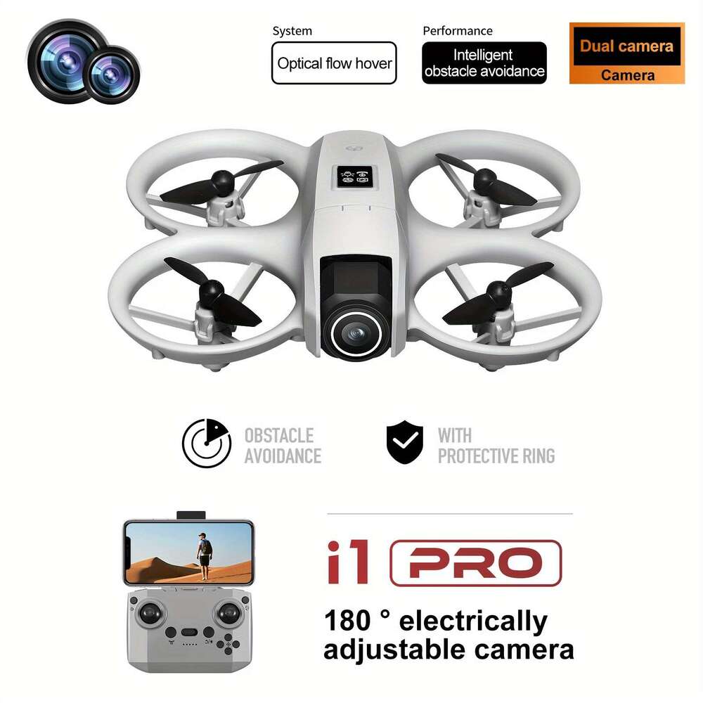 The I1 PRO 4K Drone Features Dual Cameras, 180° Camera Rotation, Two Batteries, Obstacle Detection, Optical Flow Positioning, 360° Rolling Capability,