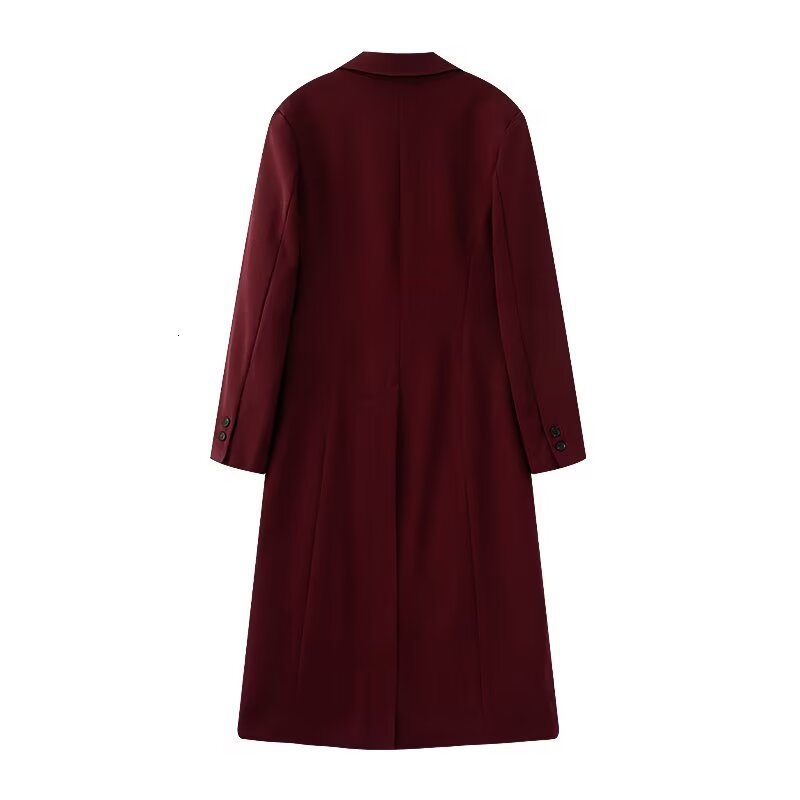 Burgundy Red Long Coat Womens Collar Single Button Full Sleeve Womens Jacket Spring/Summer Womens Office Coat 250409