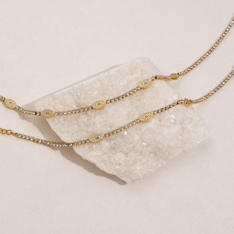 Jewellery High Quality 18K Gold Plated Lucky Eye Tennis Necklace Bracelet Collection Stainless Steel Unisex Jewelry Gift for All Occasions Textured Ed