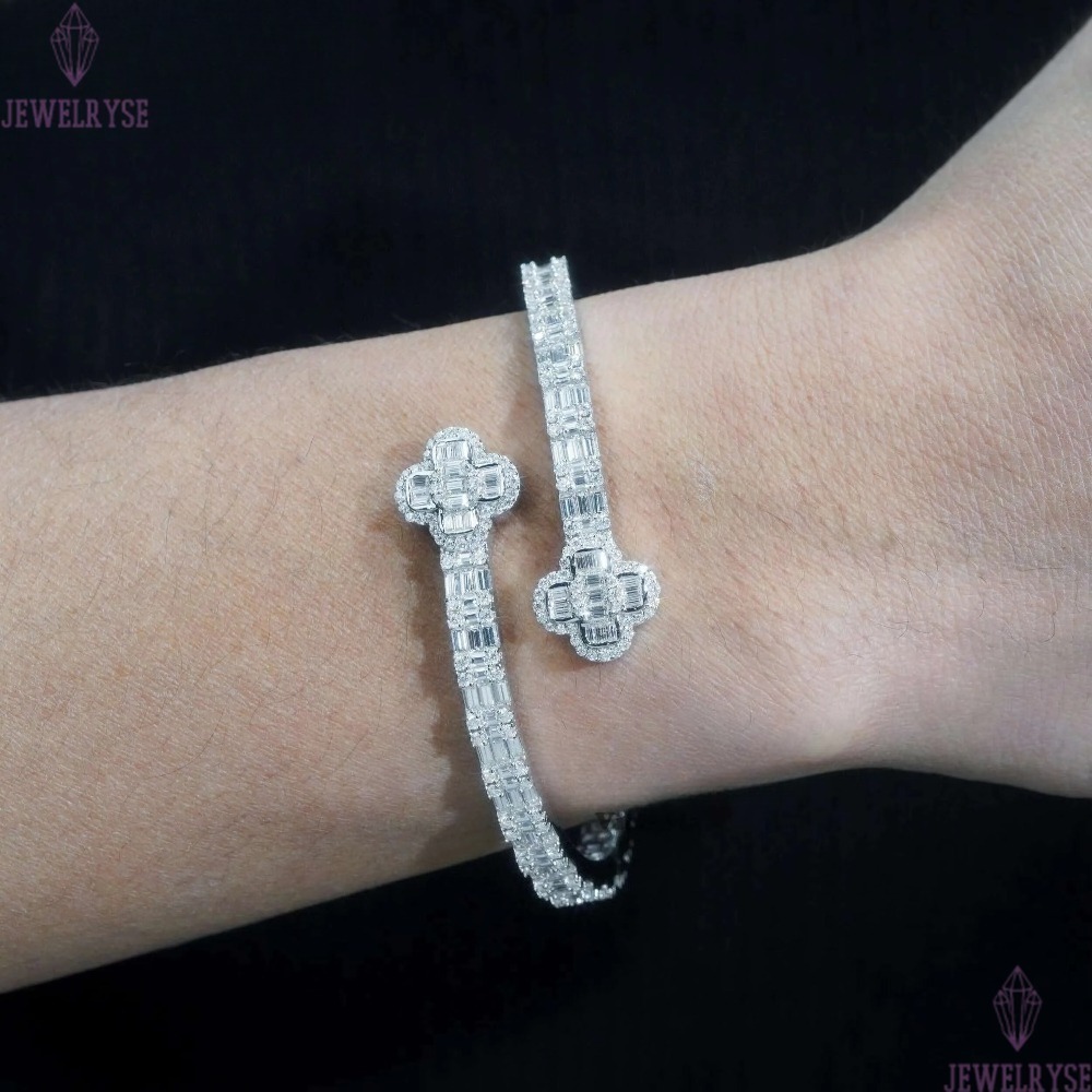 Pass Diamond Tester 14K Gold 925 Sterling Silver Baguette VVS Moissanite Iced Out Clover Cuff Bangle Bracelet for Men Women