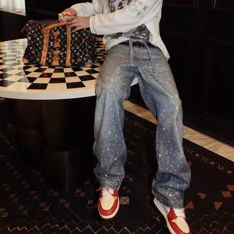 Men's Jeans High street AC style rhinestone embellished loose straight-leg jeans men's trendy brand niche wide-leg pants with hanging rope b