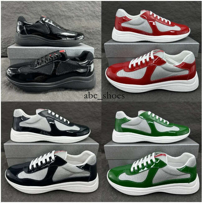 Designer Men Americas Cup Sneakers Real Leather Trainer Patent Flat Black Blue Mesh Nylon Casual Shoes 53 Z250526