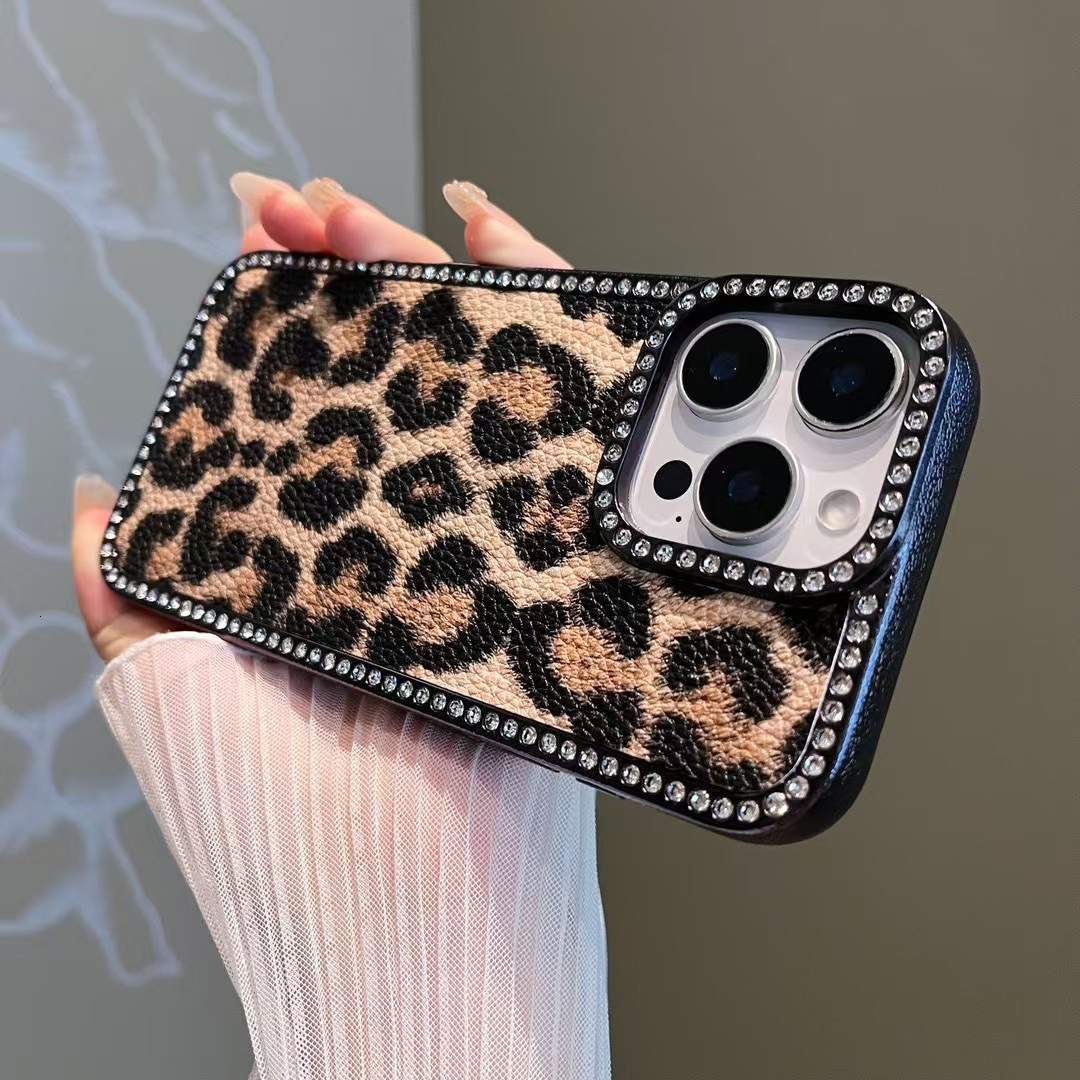 Diamond Plated Pink Brown Leopard Print iPhone 17 Apple 16 Pro Max Compatible 15 Phone Case 14 Shockproof Cover