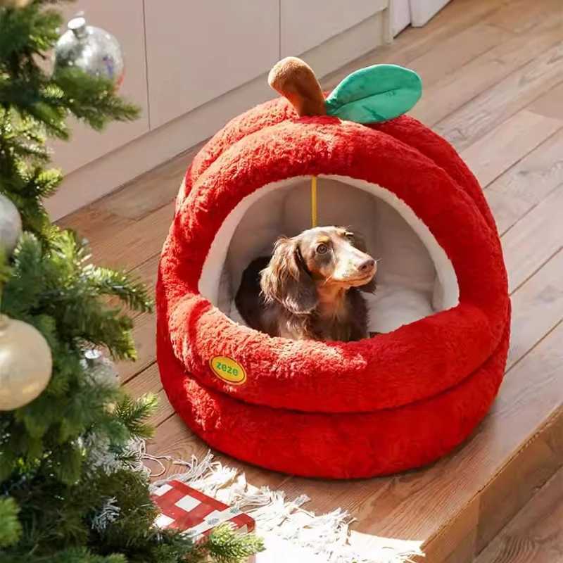 Winter Warm Kitty Tent with Semi-Enclosed Christmas Apple Cat Bed Plush Yurt Style Pet House Separable Cat Shelter for Indoor M251217