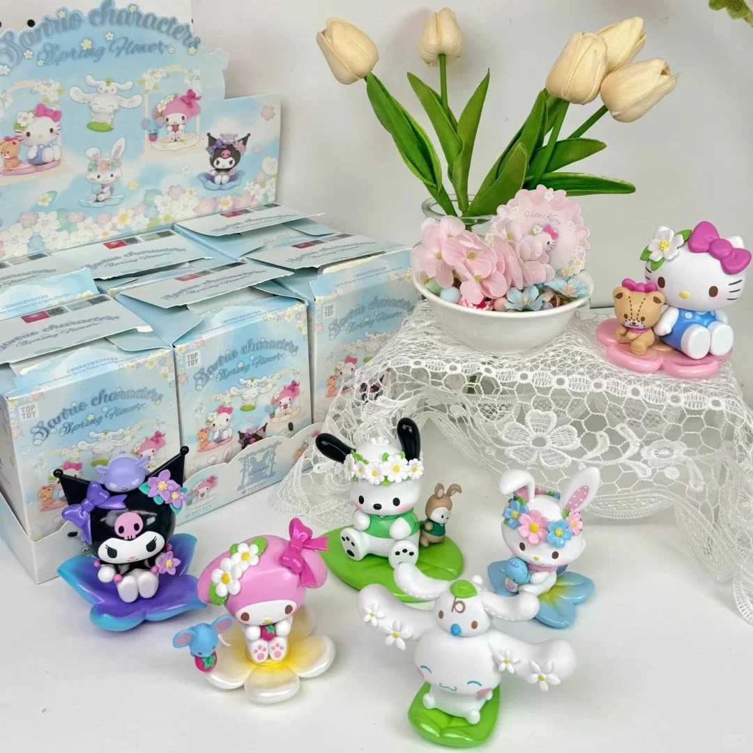 Sanrio Genuine Character New Spring Flower Series Blind Box Hellokitty Kuromi Kawaii Toy Desktop Ornaments Girl Birthday Gift H251217
