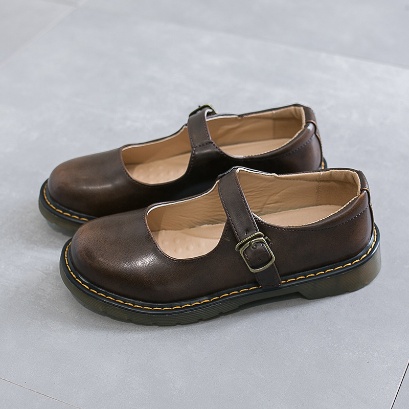 Spring/Summer New Women's Buckle Leather Shoes Retro Forest style Flat Bottom Mary Jane Shoes Black Dark Brown Size 35-40