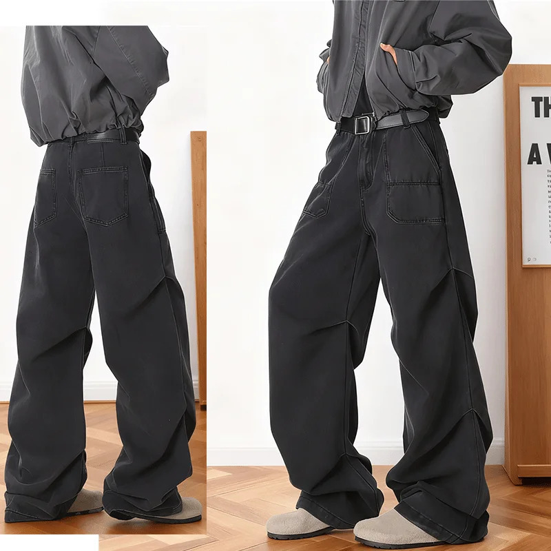 Folded Hem Wide Leg Jeans Mens Casual Washed Pants Deep Color Pocket Workwear Spring Autumn Thickened Cotton Denim Trousers 251205