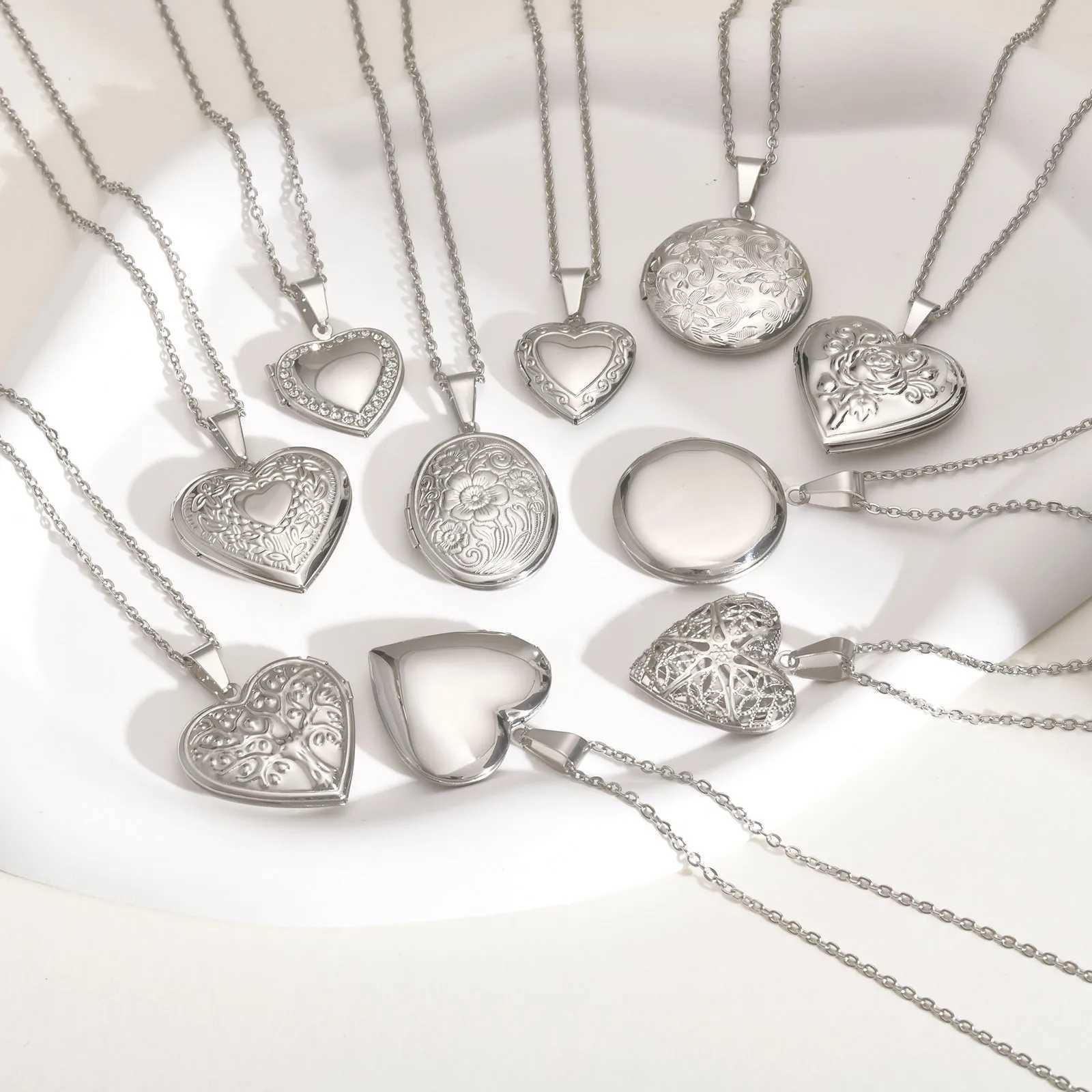 Vnox Never Fade Silver Color Stainless Steel Women Locket Pendant Openable Heart Pendant Necklaces Life Tree Floral Collar G251217