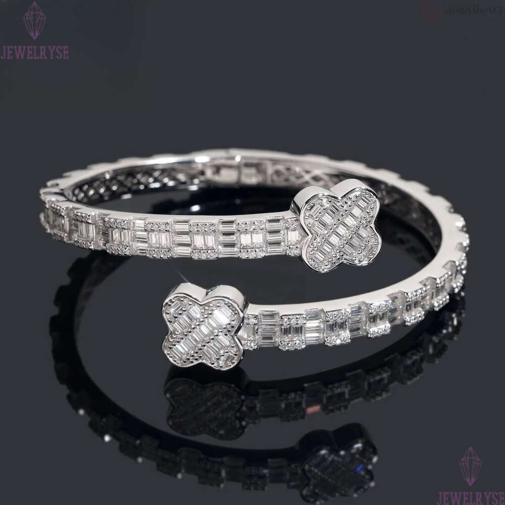 Men's Hip Hop Iced Out Bracelet - Sterling Silver Good Luck Clover Bangle with Moissanite