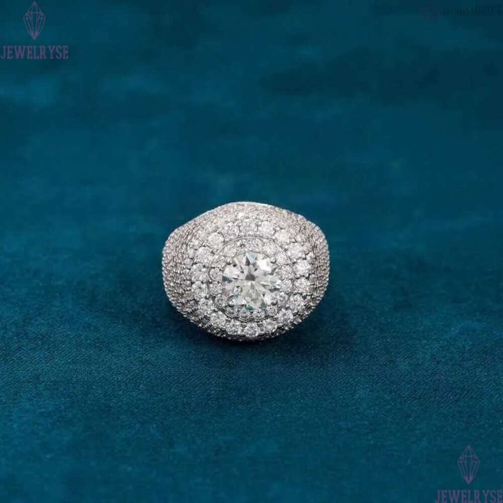 Hip Hop VVS D Color Moissanite Bling Mens Cluster Double Halo Signet Ring With 925 Sterling Silver Pass Diamond Tester GRA A