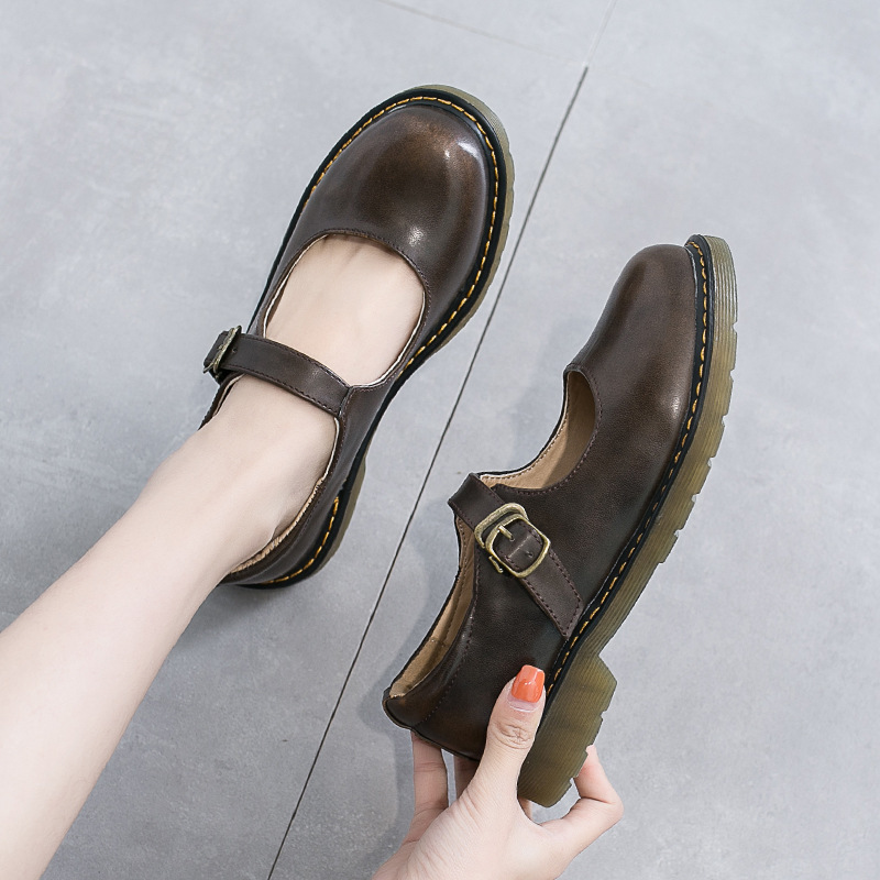 Spring/Summer New Women's Buckle Leather Shoes Retro Forest style Flat Bottom Mary Jane Shoes Black Dark Brown Size 35-40
