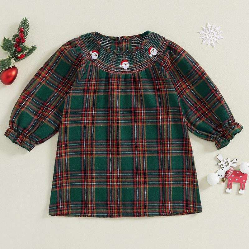 Toddler Baby Girl Christmas Outfit Long Sleeve Ruffle Santa Claus Embroidery Dress Smocked Princess Dress Playwear 251212