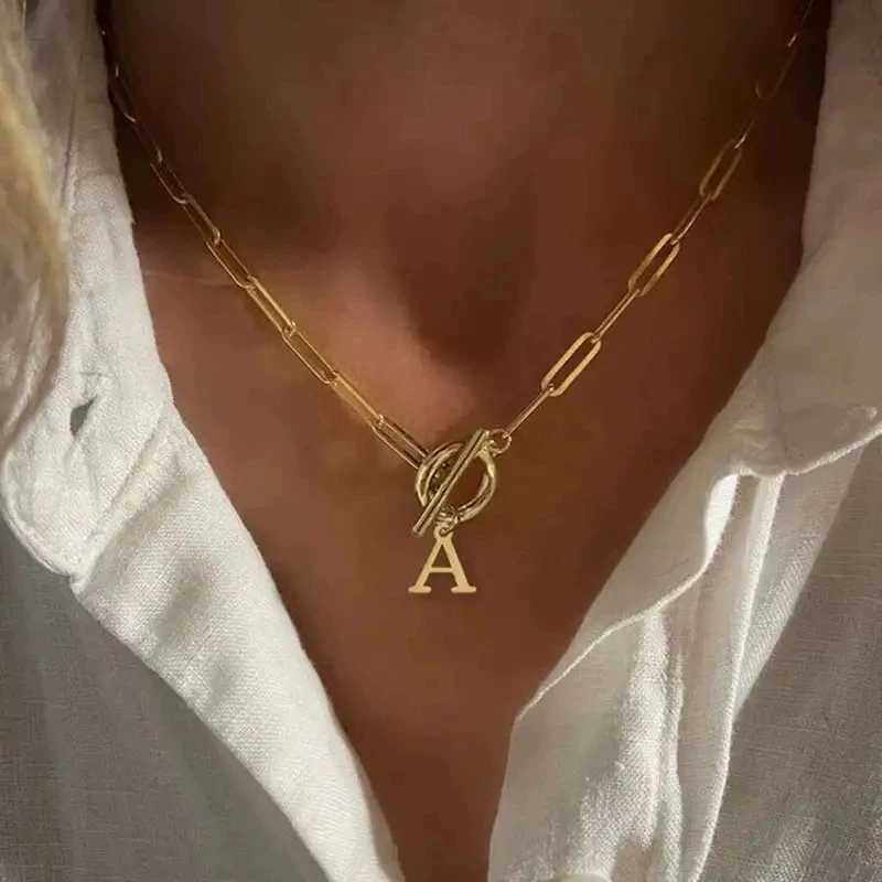 English Letter Initial Necklace 18K Gold Plated Stainless Steel OT Clasp Paper Clip Chain Necklace for Women G251217