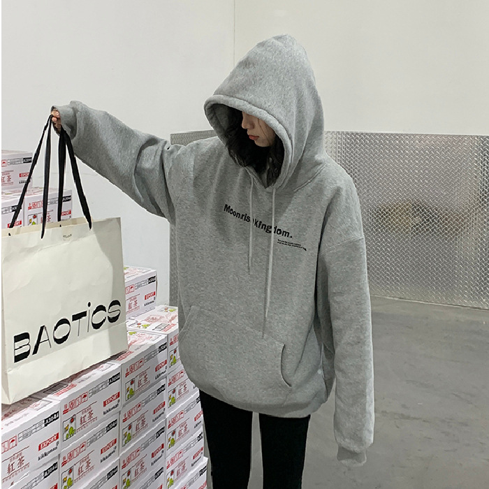 New Arrival Women's Letter Print Fleece-lined Navy Blue Hoodie - Loose Pullover Top Coat for Female Students, Trendy Style for Autumn & Winter