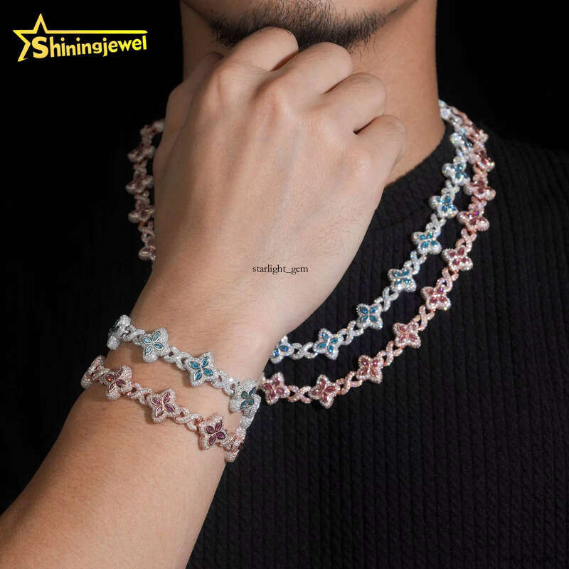 15mm Iced Out Hip Hop Jewelry Bracelet 925 Sterling Silver Marquise Diamond VVS D Moissanite Cuban Chain Clover Necklace