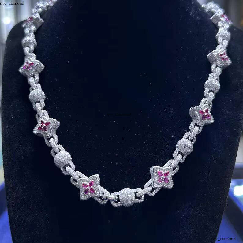 Elegant VVS Moissanite Chain Necklace, Ruby Accent Star Chain, Luxurious Silver Plated Design, Statement Jewelry for Men and Women