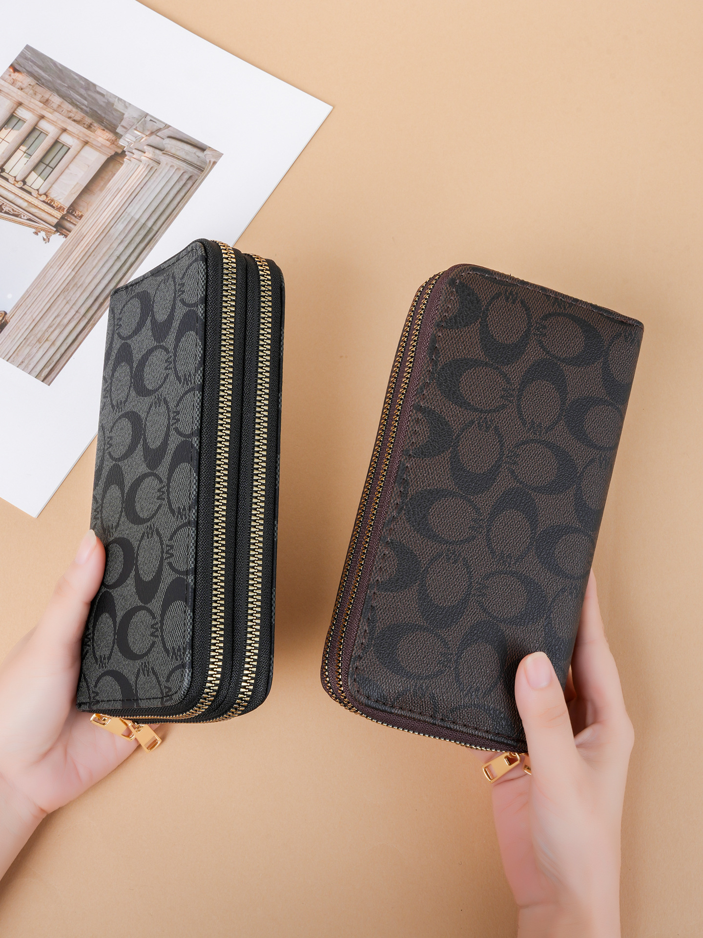 Ladies' printed wallet, multi-function long wallet, large-capacity double-zip wristlet handbag, wristlet phone multi-function wallet, men's 