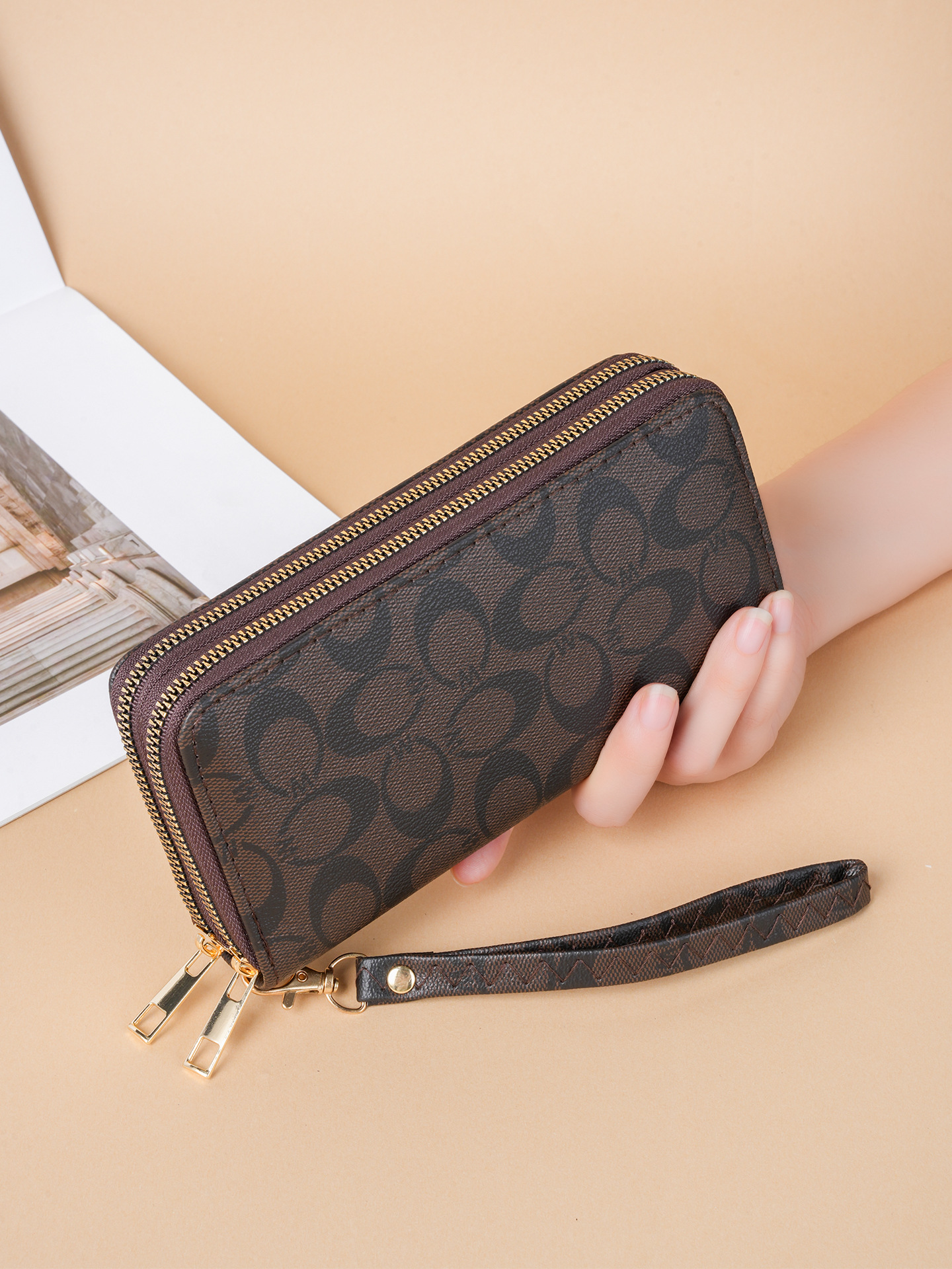 Ladies' printed wallet, multi-function long wallet, large-capacity double-zip wristlet handbag, wristlet phone multi-function wallet, men's 