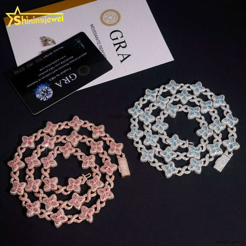 15mm Iced Out Hip Hop Jewelry Bracelet 925 Sterling Silver Marquise Diamond VVS D Moissanite Cuban Chain Clover Necklace