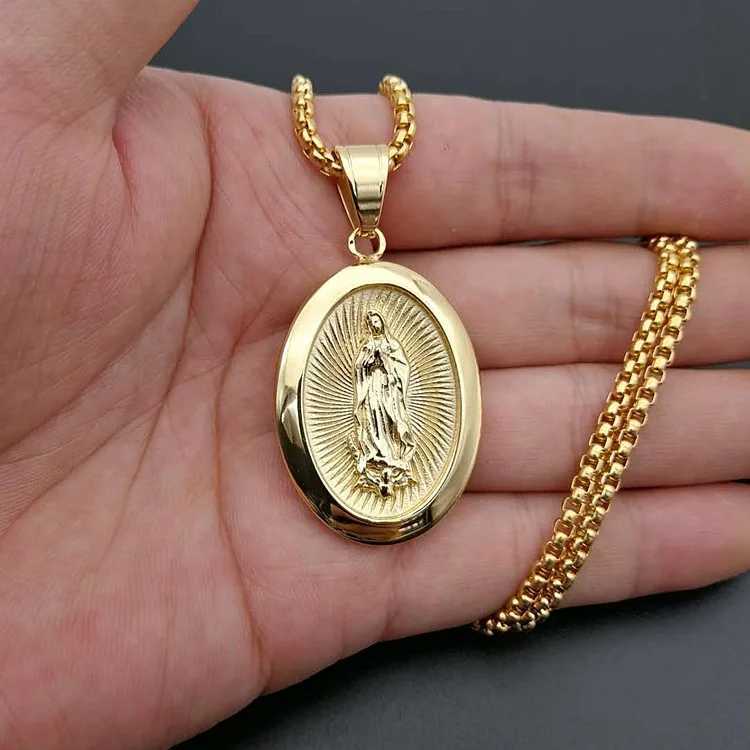 Virgin Mary Prayer Pendant Necklaces Gold color 316L Stainless Steel with rhinestone Women/Men Jewelry G251217