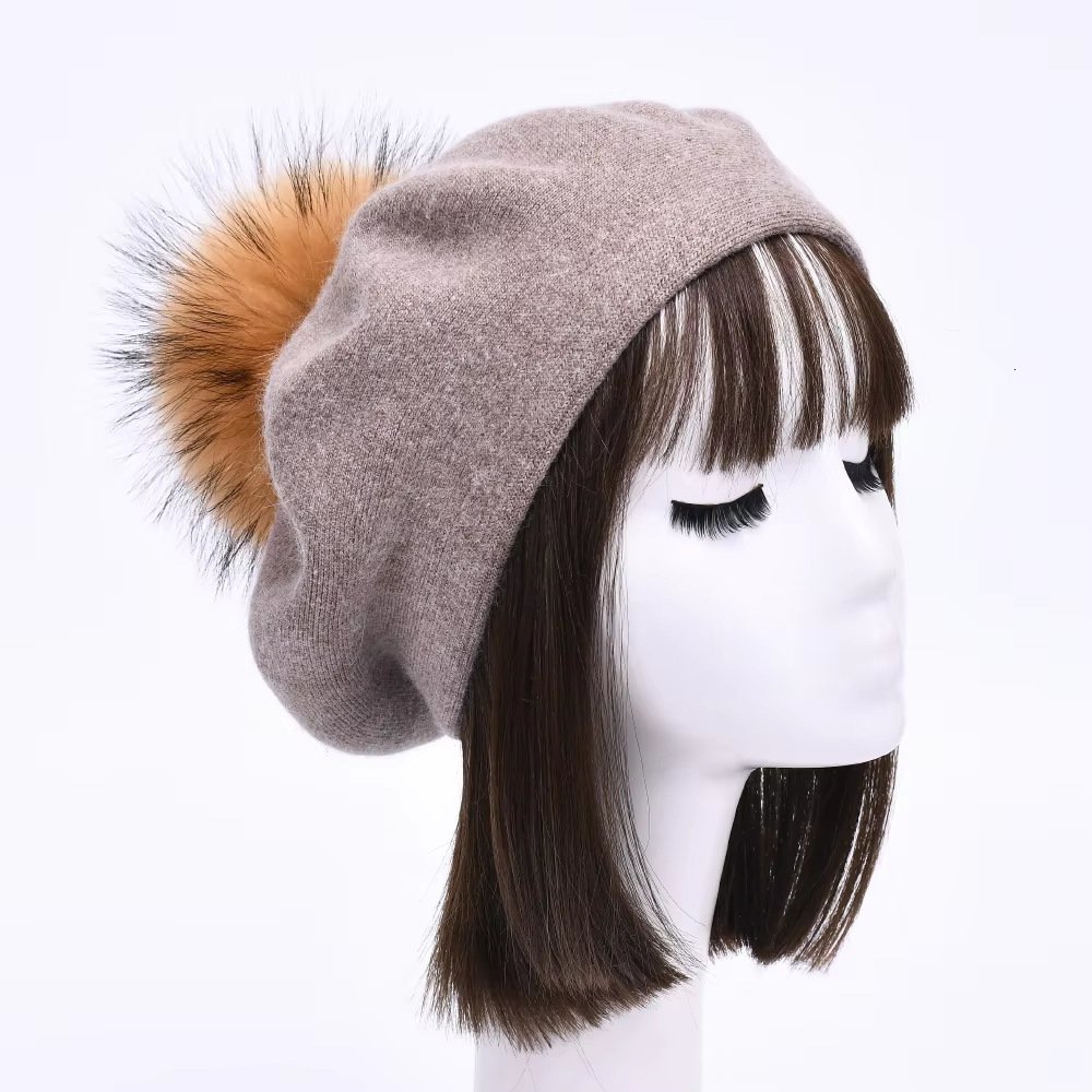 New Solid Color Pom Beret Wool Blend Fashion Comfortable Pullover Hat Double Layer Warm Simple Knitted Hat
