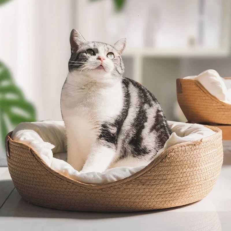 Pet Bed Soft Cat Kennel Dog Beds Sofa Bamboo Weaving Four Season Cozy Nest Baskets Waterproof Removable Cushion Sleeping Bag M251217