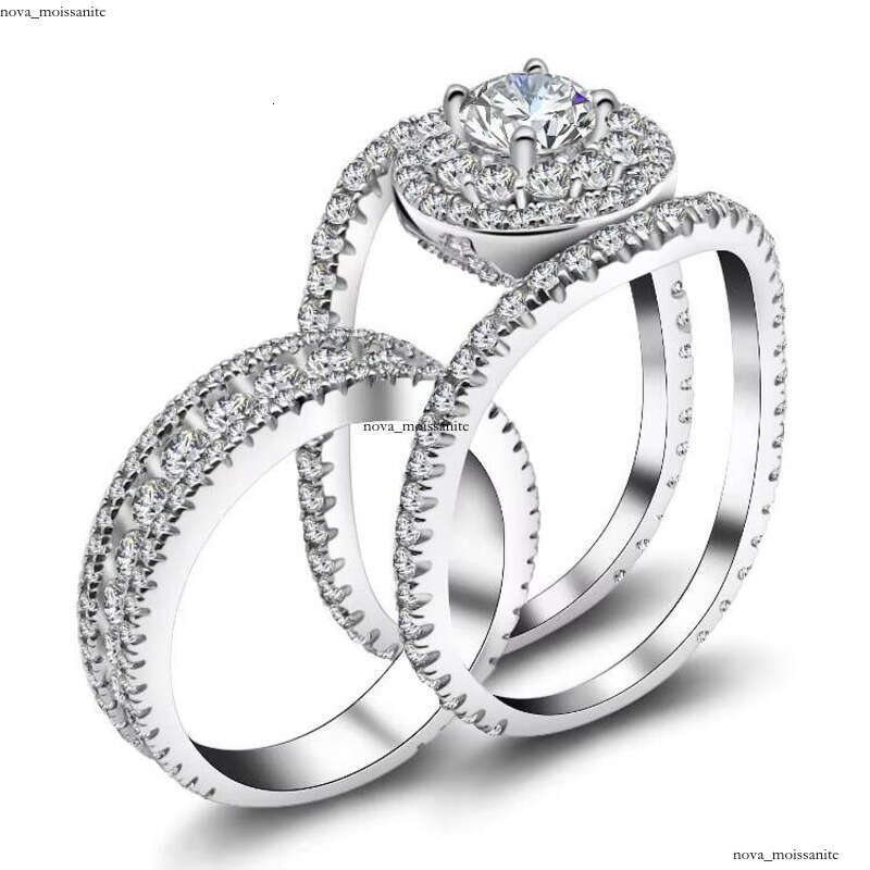 VVS Moissanite Wholesale Classic 925 Rhodium Gold Jewelry 3-Piece Wedding Ring Set