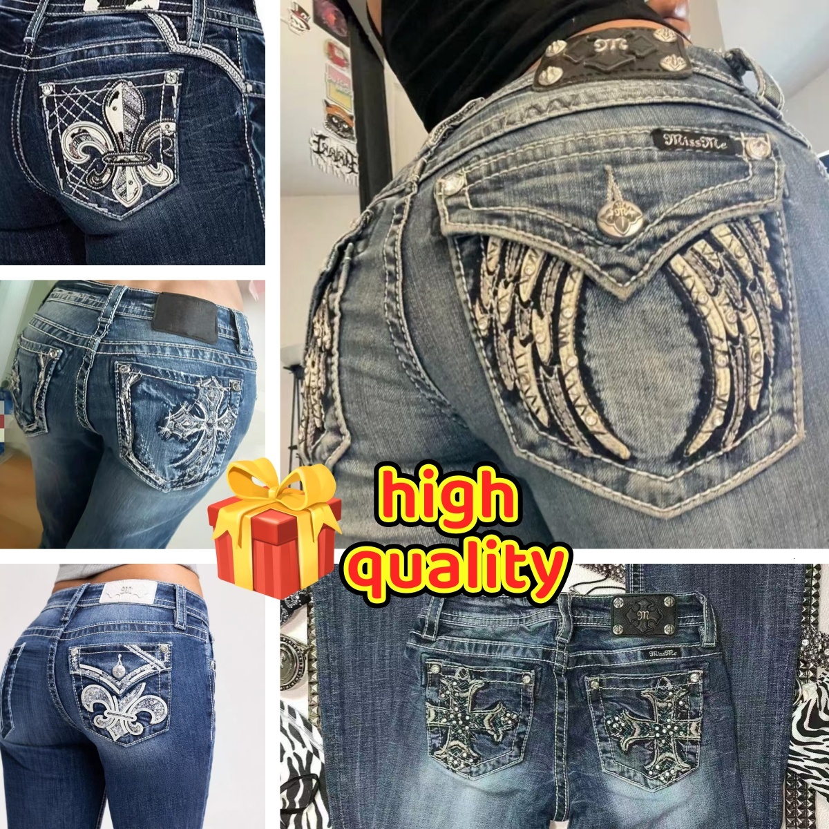 Men's Jeans Retro miss me jeans Cut Jeans Womens Y2K New Blue Jeans Embroidered Wing Pocket Hip Hop Harajuku Gothic Wide Pants Strt Wear f5 89 d3 03d 56b