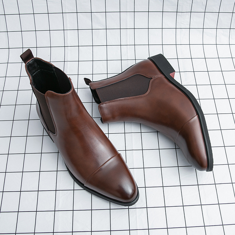 Spring and Autumn style pointed-toe slip-on large size men's boots British casual Chelsea boots high-top leather shoes red sole Martin boots