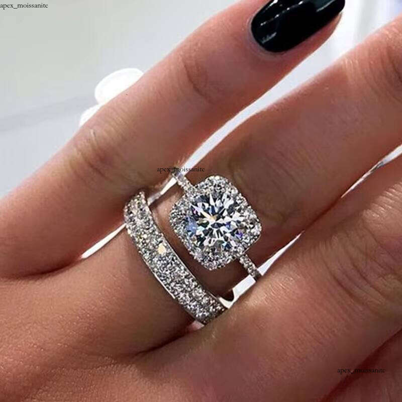 fashion Silver VVS Moissanite White Gold Geometric Crystal Diamond Wedding Ring Couple Set - view 4